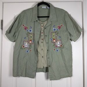 Bobbie Brooks Vintage 1990s Sage Green Floral Embroidered 2-In-1 Button Up Sz LG
